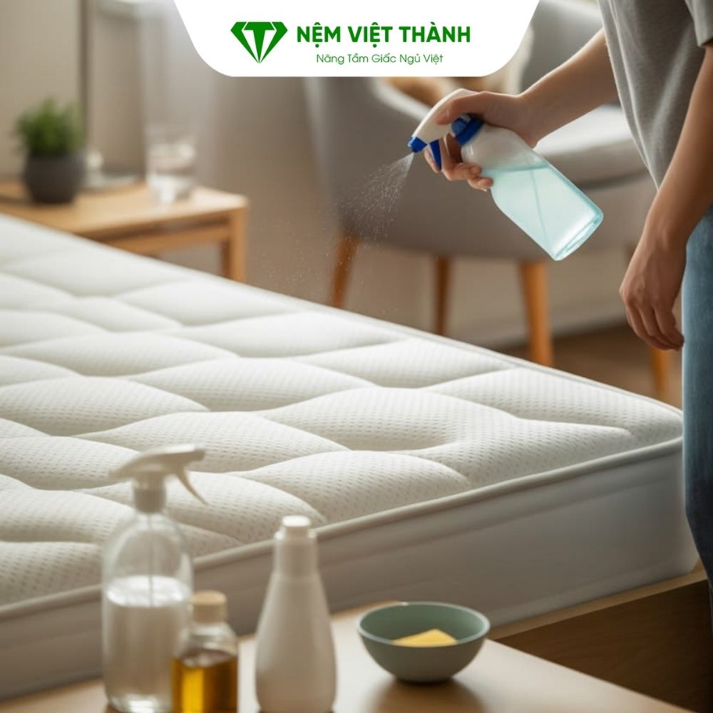 Dùng bình xịt chứa dung dịch khử trùng cho bề mặt nệm 