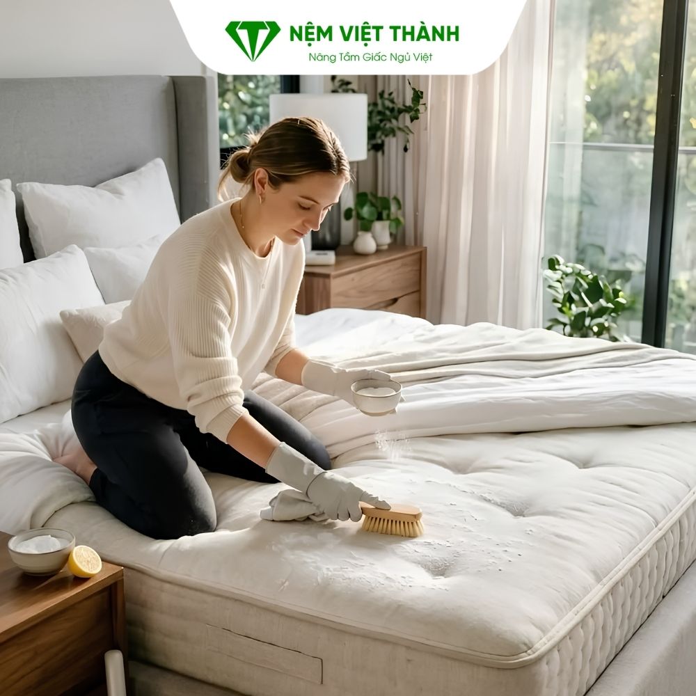 Rắc baking soda để hút hết bụi bẩn bám trên nệm
