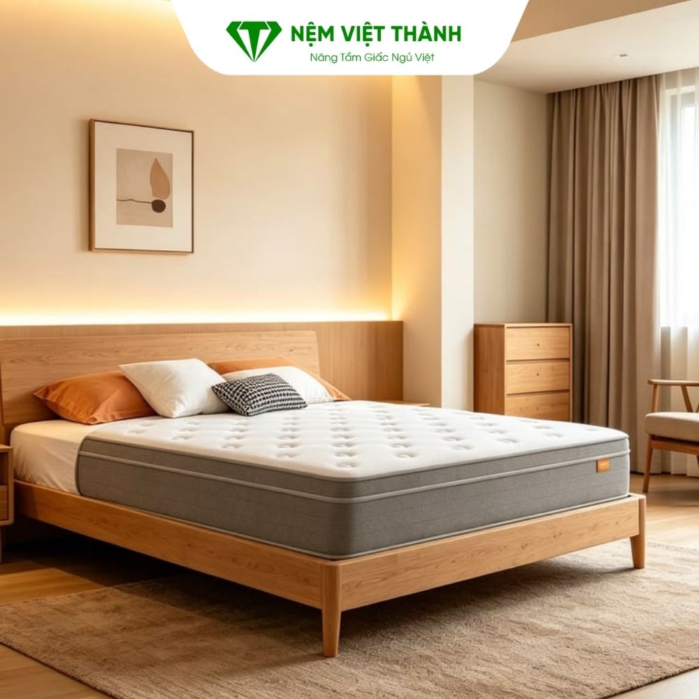 Phòng ngủ tối giản với nệm vừa vặn tạo cảm giác rộng rãi