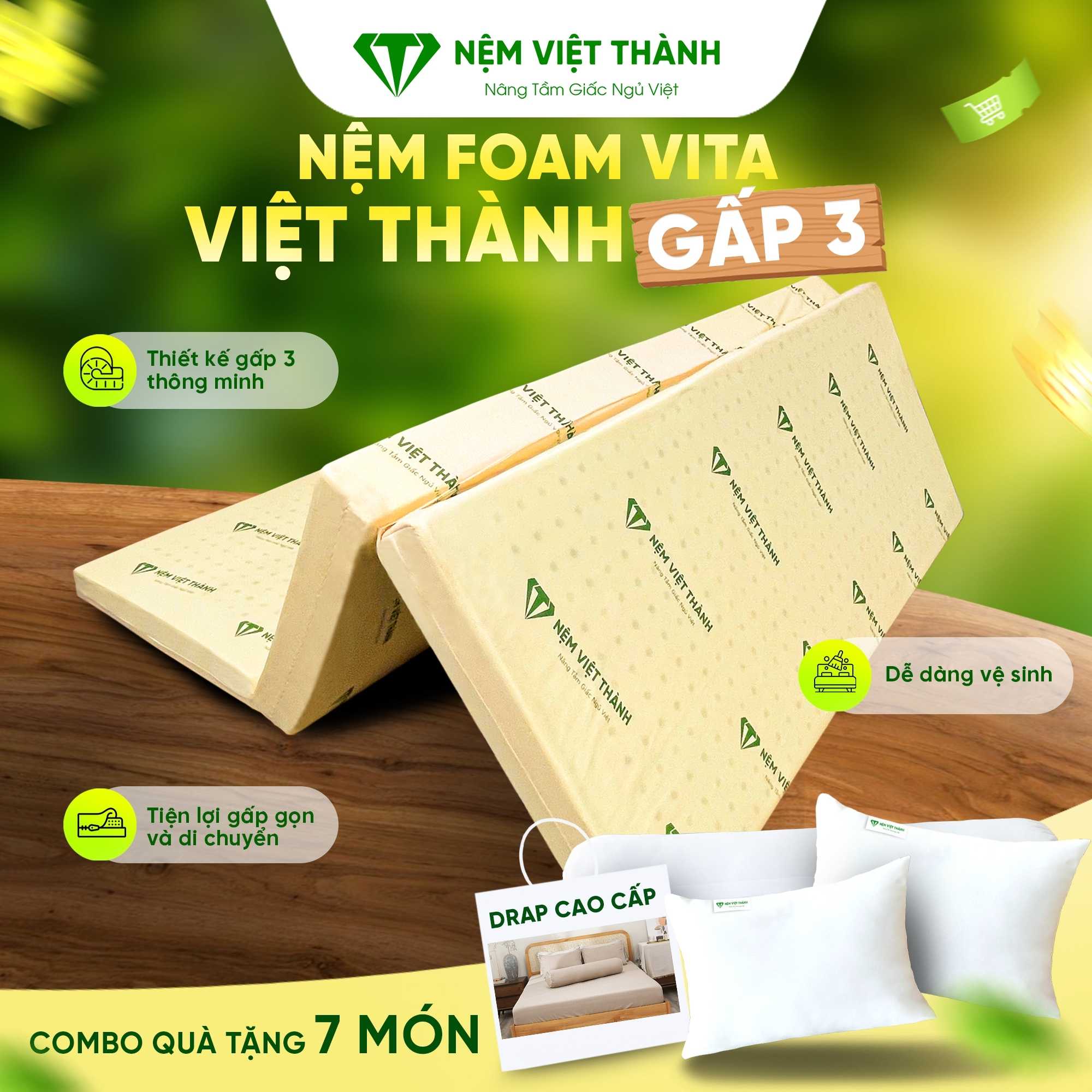 Nệm gấp 3 Việt Thành kích thước 1m8 x 2m