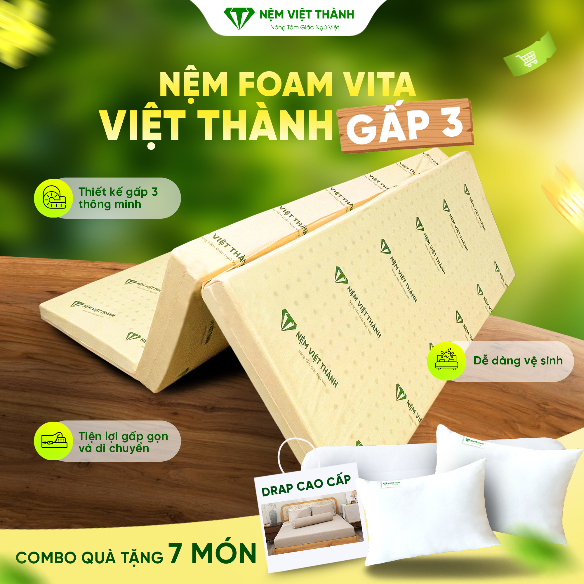 Mua nệm Foam gấp nhận combo quà 7 món đến từ Nệm Việt Thành Mua nệm Foam gấp nhận combo quà 7 món đến từ Nệm Việt Thành
