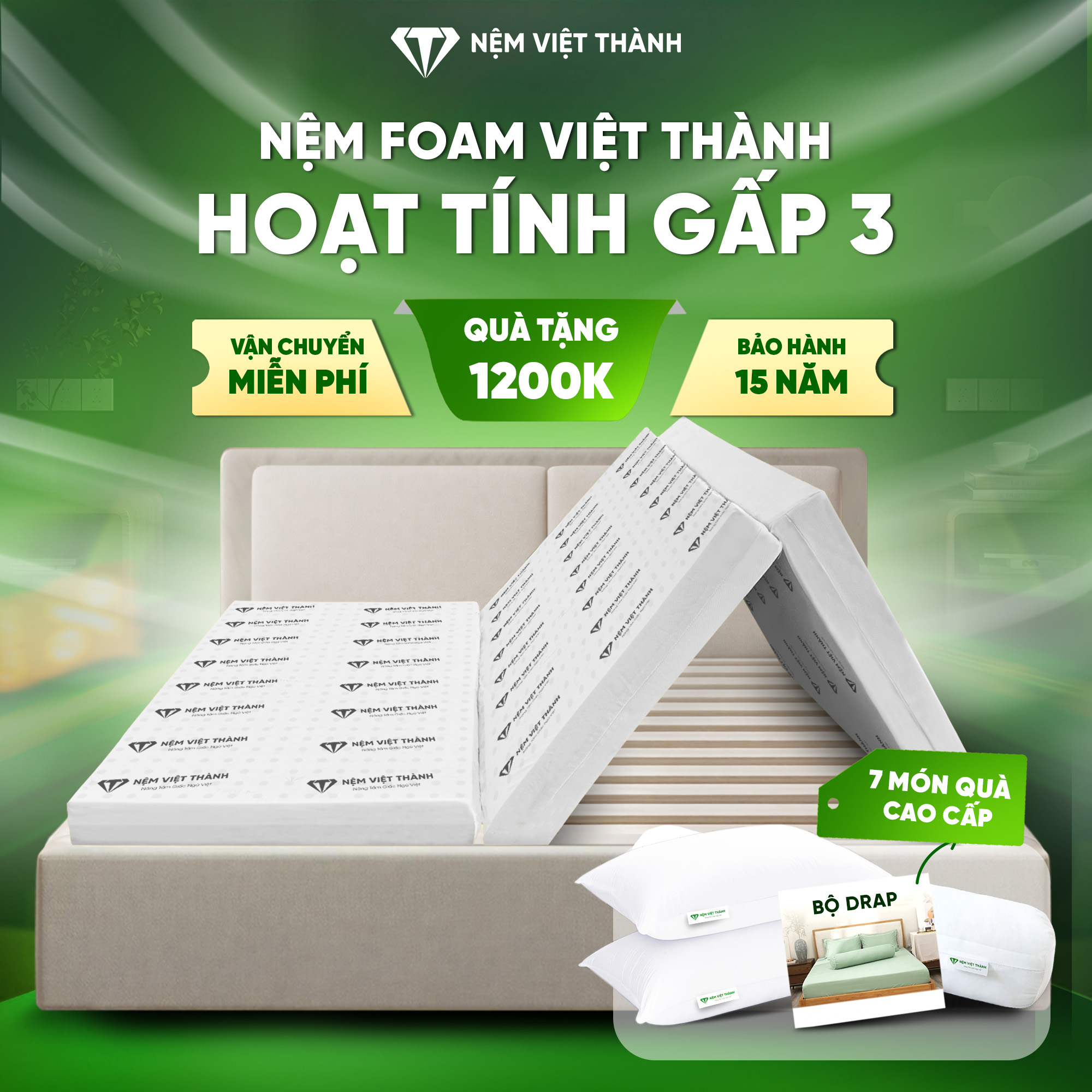 Nệm Foam gấp 3 hoạt tính LIVING Việt Thành Nệm Foam gấp 3 hoạt tính LIVING Việt Thành